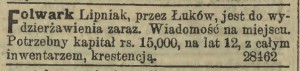 Ogłoszenie o dzierżawie z 1894 roku